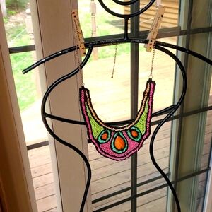 Handmade Beaded Bib Statement Necklace Neon Pink Green Orange‎ Pear Stones 16in